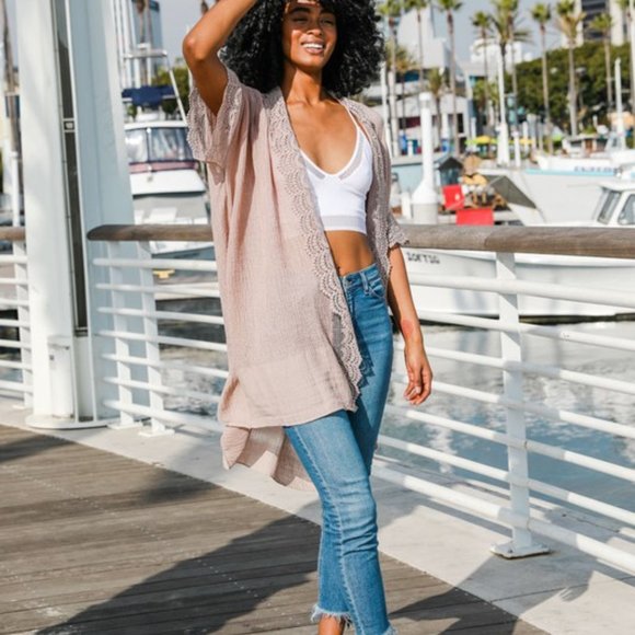 Pink Mauve Rose Scallop Lace Trim Kimono One Size - Picture 3 of 4